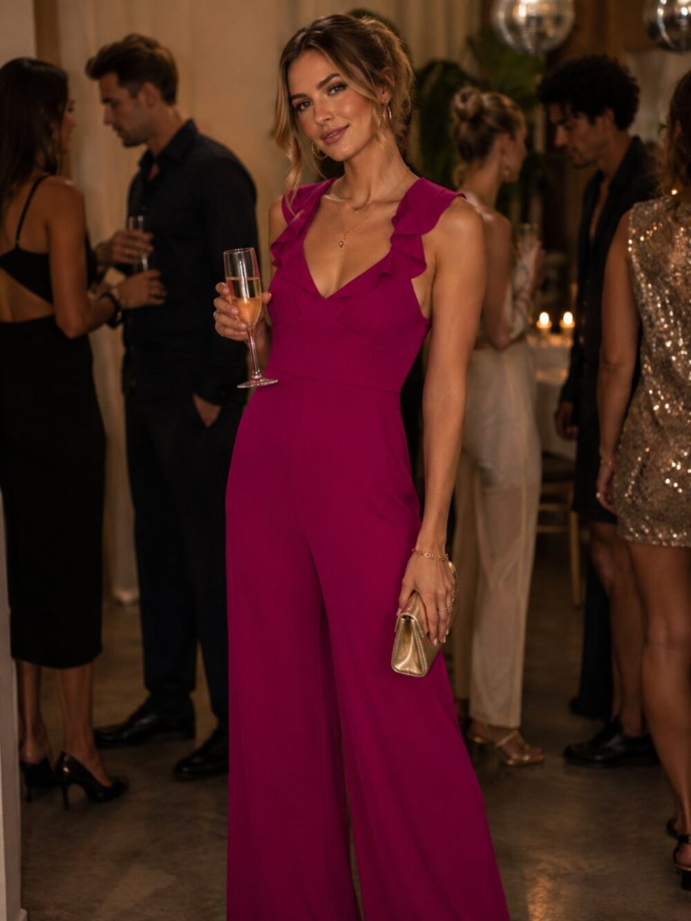 Bright Pink Ruffle Shoulder Wide Leg Jumpsuit  Elegant Party & Wedding Guest NWT